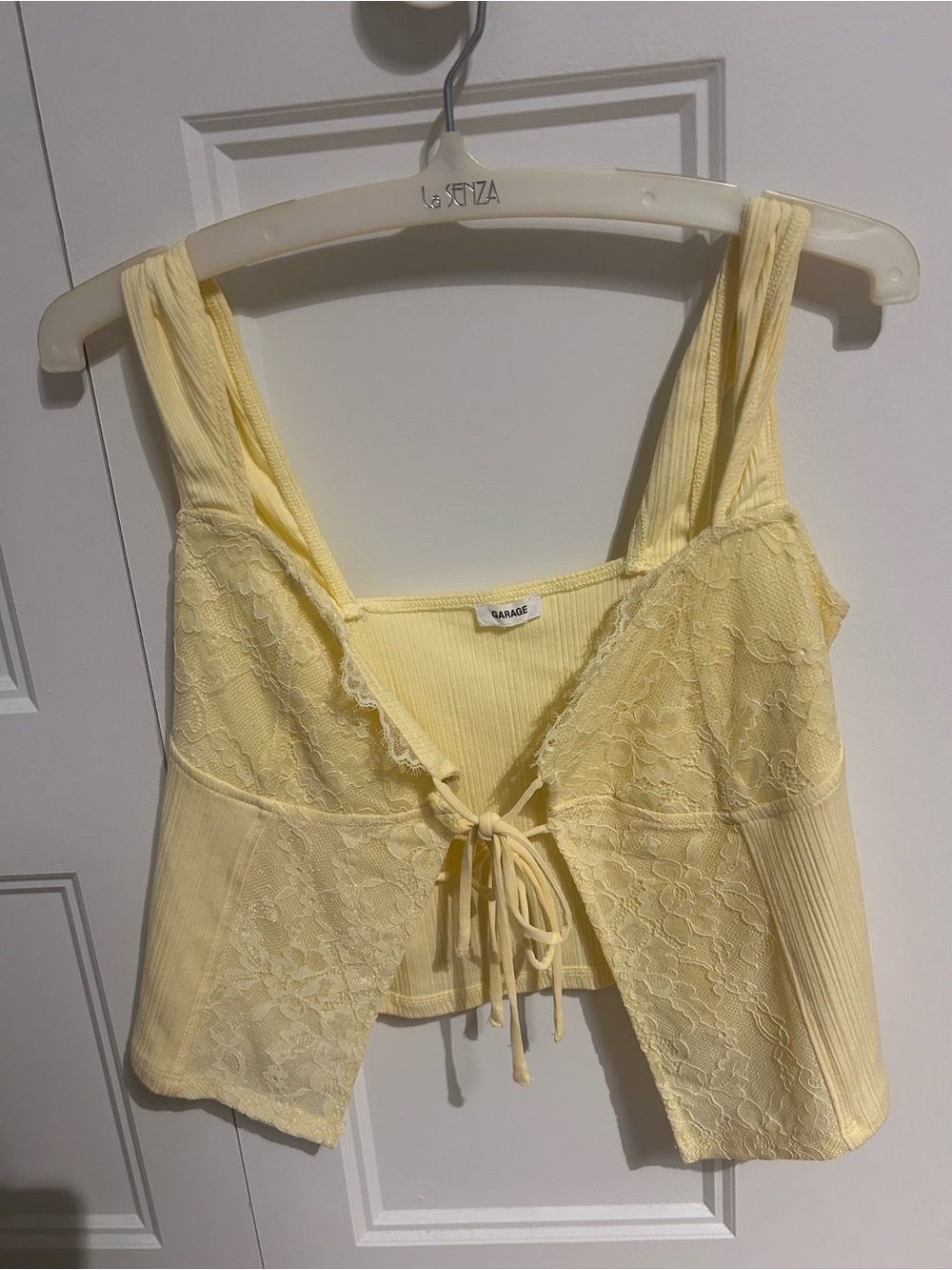Saba Pale Yellow Lace-Trim Ribbed Tie-Front Camisole